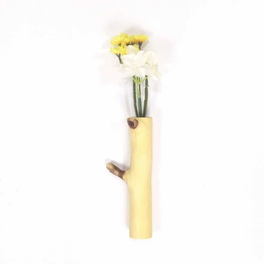 【温泉流木】珍しい黄色い枝流木の小さな壁掛け一輪挿し・花器 花瓶 流木インテリア