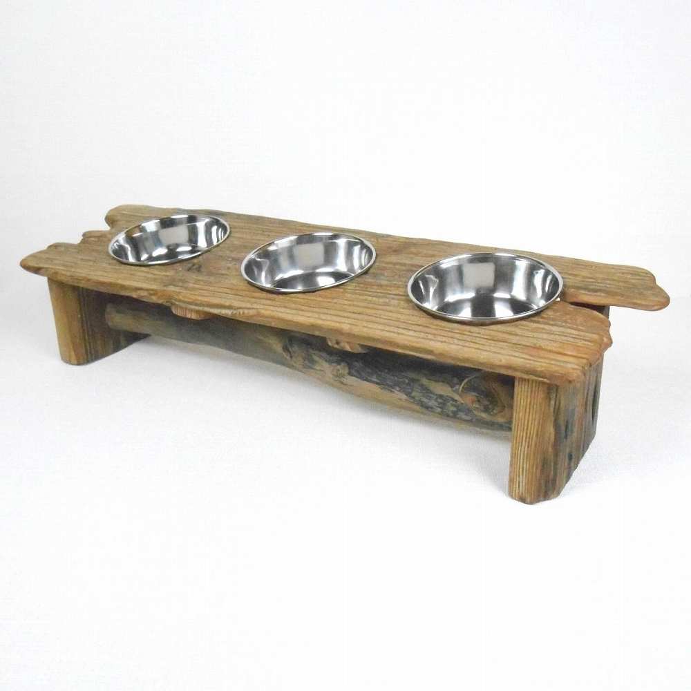【温泉流木】絵にかいたような流木板の小型犬猫用3連エサ皿スタンド 流木インテリア