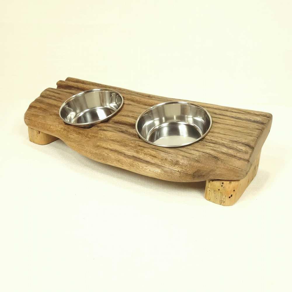 【温泉流木】流木で作った小型犬猫用エサ皿スタンド食器台002変形ブラウン流木板 流木インテリア