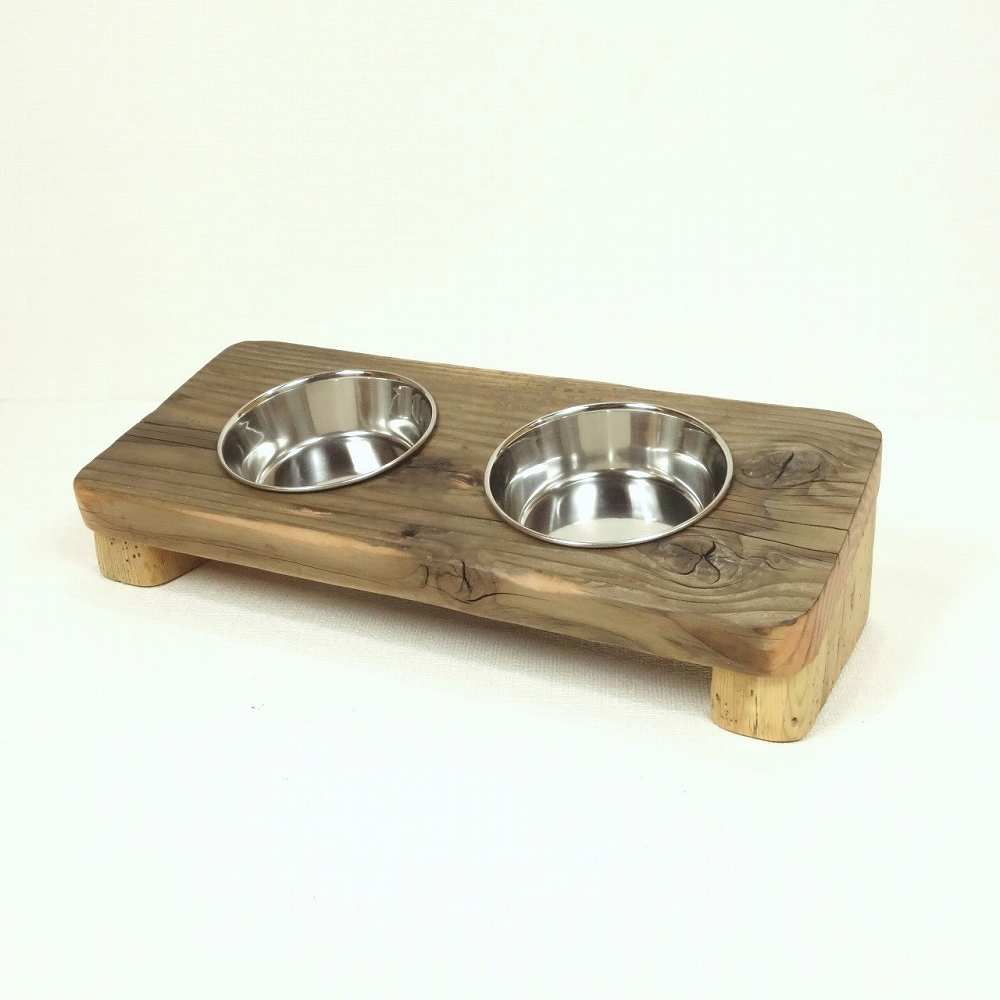 【温泉流木】流木で作った小型犬猫用エサ皿スタンド食器台004ブラウン節あり流木板 流木インテリア
