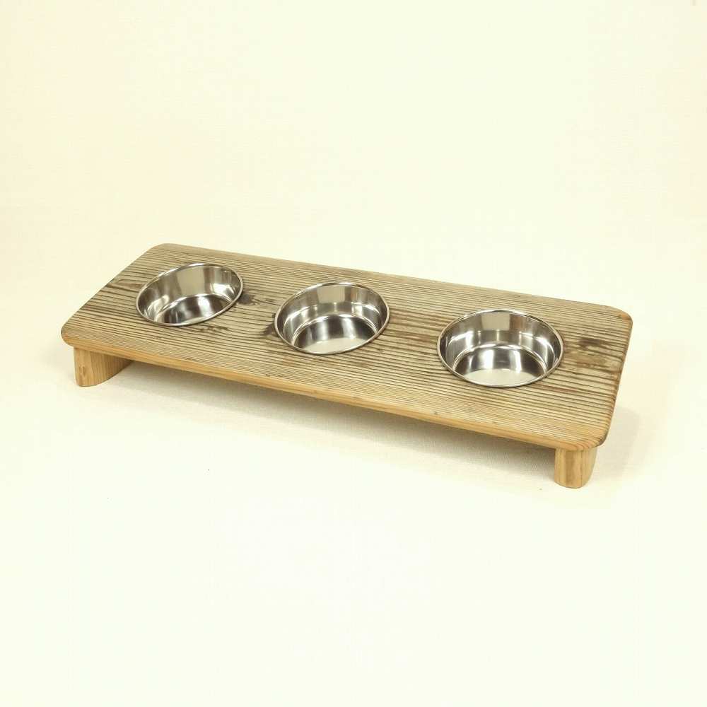 【温泉流木】流木で作った小型犬猫用3連エサ皿スタンド食器台 流木インテリア