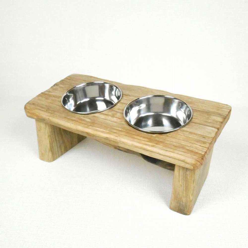 【温泉流木】レトロ板の小型犬猫用エサ皿スタンド 流木インテリア